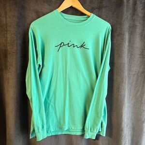 Victoria's Secret PINK‎ Womens Long Sleeve Logo Tee Size S Aquamarine Cotton